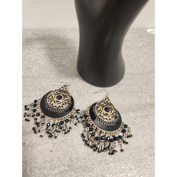 Round Mandala Dangle Earrings Black Gold Intricate Earrings - Picture 6 of 10